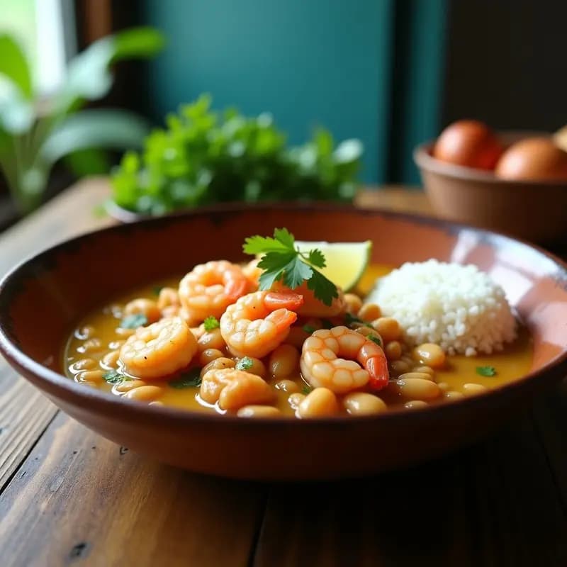 Plato hondo de barro con feijoada de camarones y frijoles blancos, bañados en un caldo cremoso con toques de cilantro fresco y rodajas de lima. Acompañado de arroz blanco y decorado con una ramita de cilantro. Fotografía con luz natural que resalta el color dorado de los camarones y la textura suave de los frijoles.