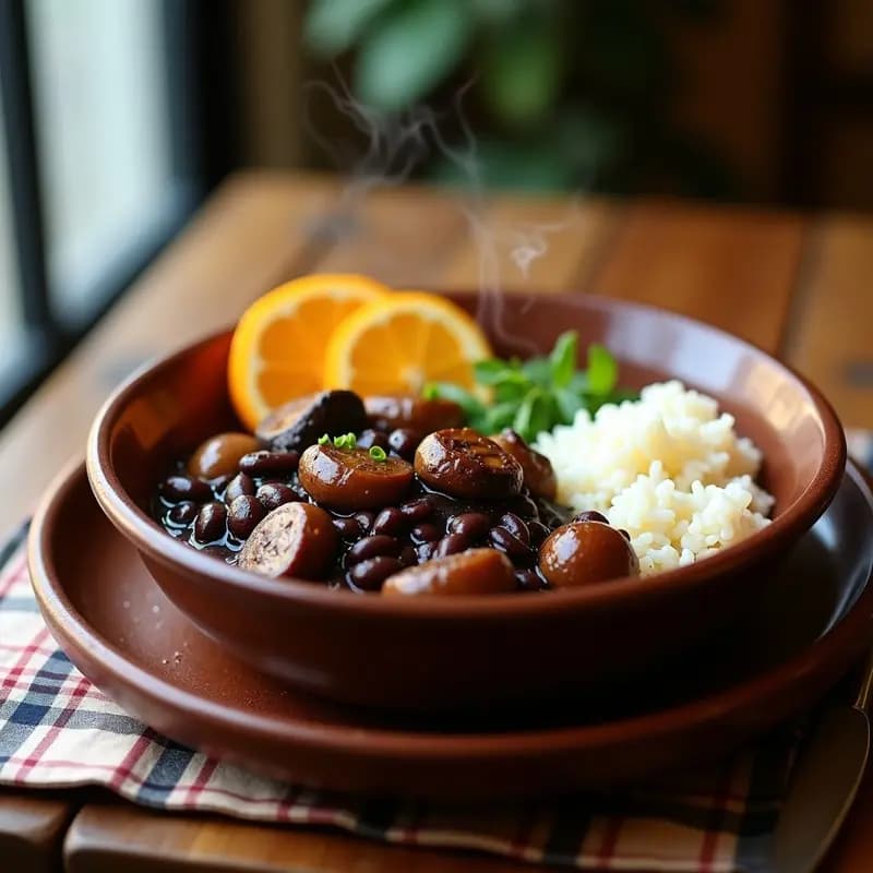 Plato hondo de barro con feijoada brasilera vegana: frijoles negros estofados con trozos de champiñones portobello, salsa espesa y oscura, decorado con rodajas de naranja y perejil fresco. Receta de olla exprés.