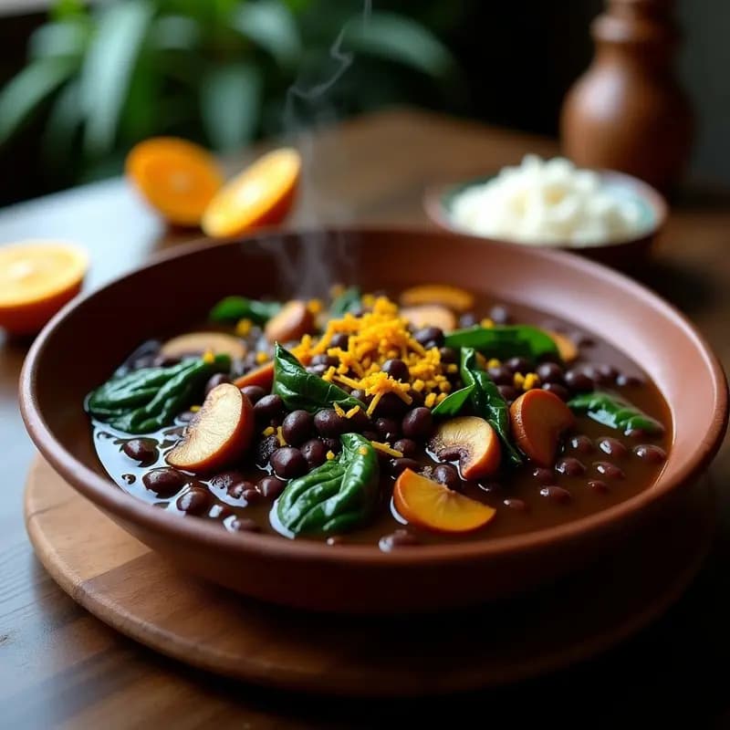 Plato hondo de barro con feijoada de cogumelos e espinacas vegana, llena de frijoles negros, láminas de portobello y espinacas verdes, adornada con cilantro fresco y servida con arroz blanco al lado.