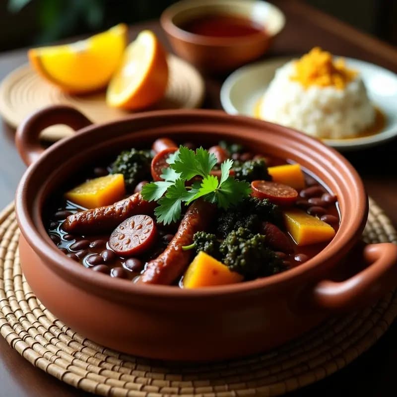 Olla de barro humeante con feijoada completa brasileña, llena de frijoles negros, trozos de costilla de cerdo, chorizo, calabaza moranga y col rizada, servida junto a arroz blanco y farofa de yuca crujiente en un plato rústico de madera.