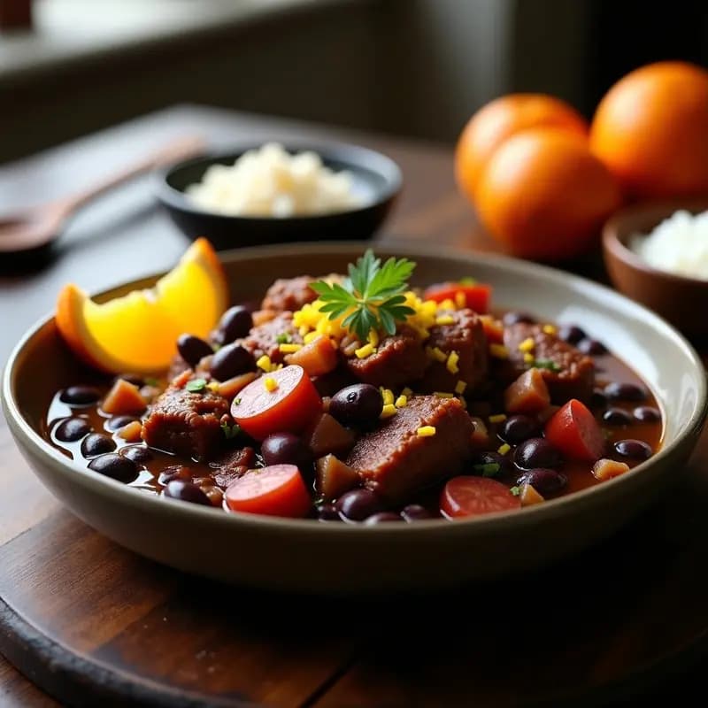 Olla express abierta mostrando una feijoada brasileña espesa con frijoles negros, trozos de costilla de cerdo dorada, chorizo y tocino, decorada con cáscara de naranja rallada y gajos frescos. Plato servido en un cuenco de barro con arroz blanco al lado.