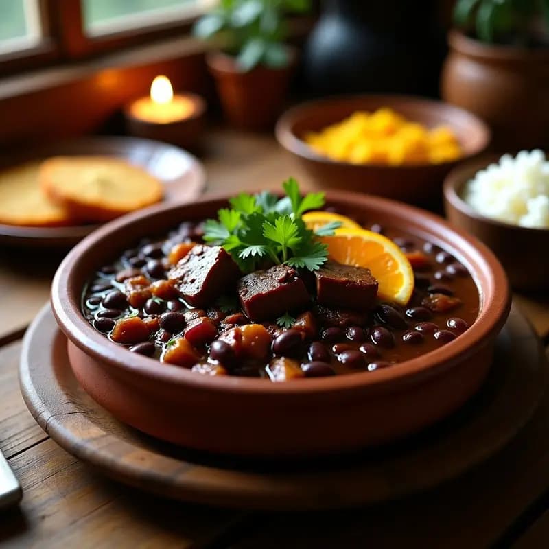 Plato hondo de barro negro con Feijoada Brasileira espesa, frijoles negros brillantes, trozos de costilla de cerdo dorada y rodajas de chorizo. Acompañado de arroz blanco, farofa dorada y gajos de naranja en un fondo rústico de madera.