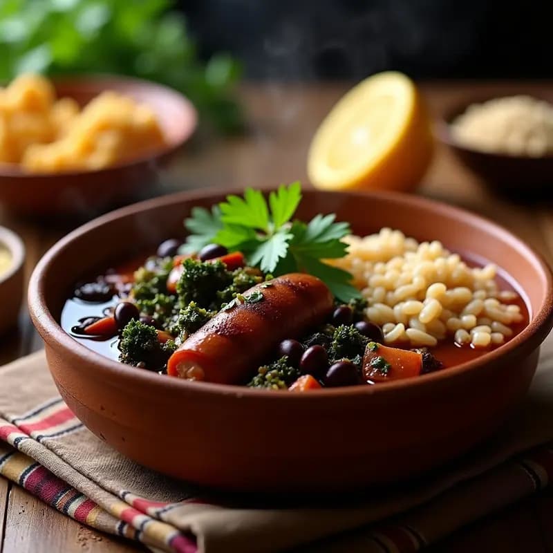 Olla lenta con feijoada de fréjol negro y chorizo vegano, rodeada de col rizada verde oscura y rodajas de chorizo dorado, servida en un plato hondo de barro.