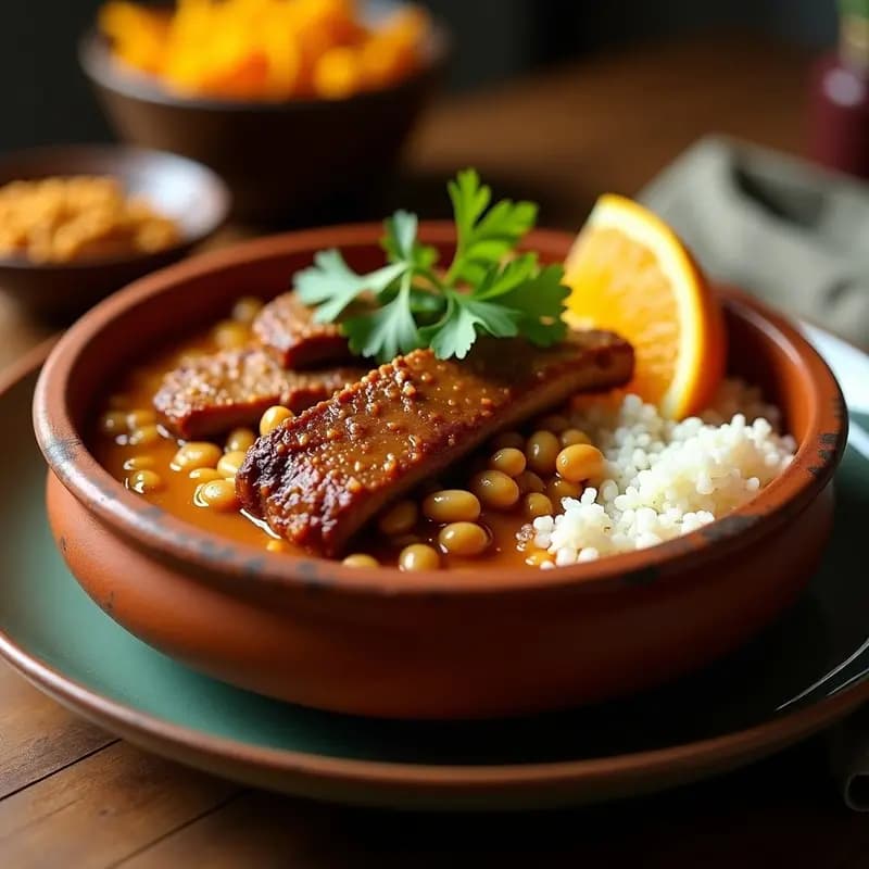 Olla exprés abierta mostrando un estofado espeso de feijoada de frijoles blancos con trozos de costillas de cerdo doradas, zanahorias y cebolla, decorado con cilantro fresco. Plato tradicional brasileño reconfortante.