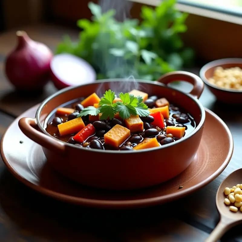 Olla de barro humeante con Feijoada Ligera de Frijoles Negritas vegana, tofu ahumado dorado, trozos de calabaza butternut y cilantro fresco, servida en plato hondo de cerámica rústica sobre fondo de madera oscura.