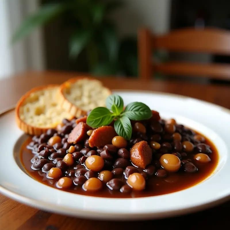 Olla de barro humeante con feijoada brasilera tradicional: frijoles negros cremosos, trozos de carnadas de res doradas, y hierbas frescas. Plato servido con arroz blanco y gajos de naranja al lado, sobre una mesa de madera rústica.