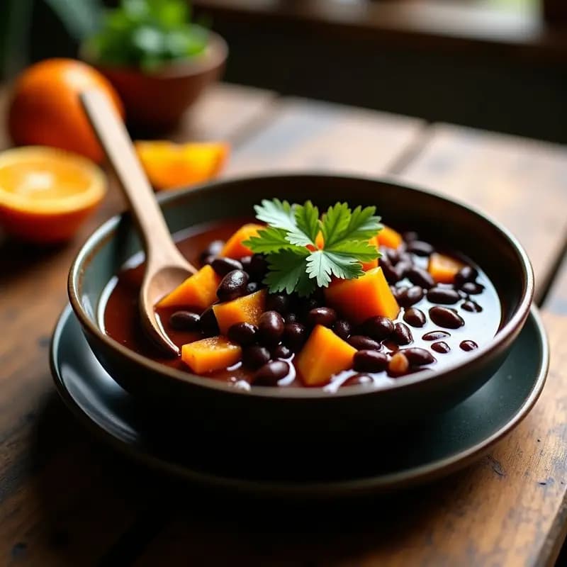 Olla exprés abierta mostrando un estofado espeso de Feijoada vegana de frijoles negros y calabaza butternut, con trozos de pimiento rojo y cilantro fresco. Plato servido en un bol de barro con fondo de madera rústica y una rodaja de naranja al lado.