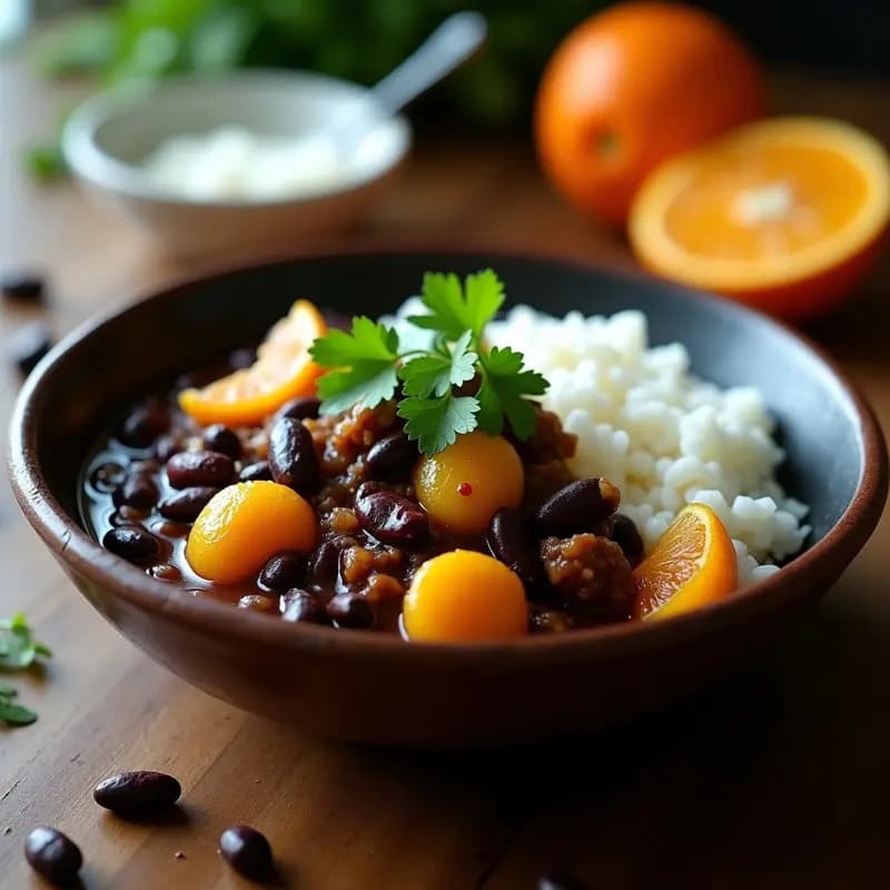 Olla de barro con Feijoada Brasilera vegana de frijoles negros y gajos de naranja, servida sobre un plato hondo de cerámica oscura, acompañada de arroz blanco y cilantro fresco. Plato tradicional latino adaptado a versión vegana.