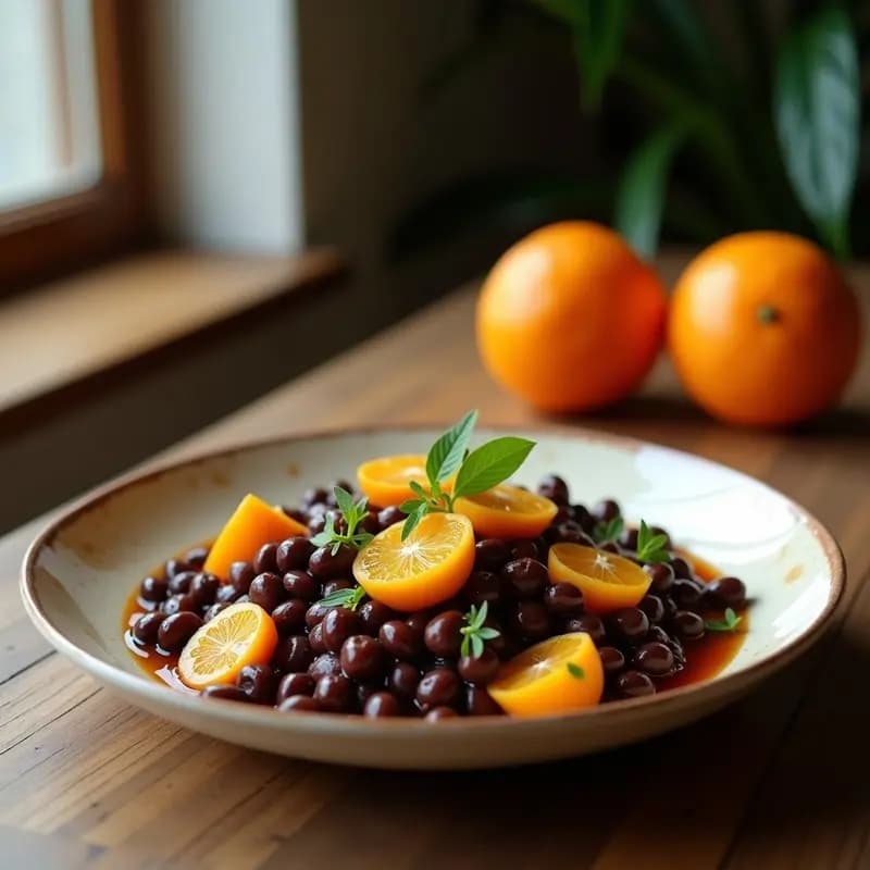 Plato hondo de barro con feijoada brasilera vegana, frijoles pretos negros brillantes, cubos de tempeh dorado, rodajas de naranja sanguina y cilantro fresco, servido sobre mesa rústica de madera con arroz integral al lado.