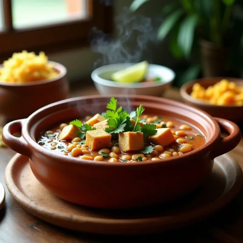 Plato hondo de barro con feijoada vegana de frijoles blancos cremosos, tofu ahumado dorado, zanahorias y cilantro fresco, acompañada de arroz integral y farofa crujiente. Receta brasileña reconfortante.
