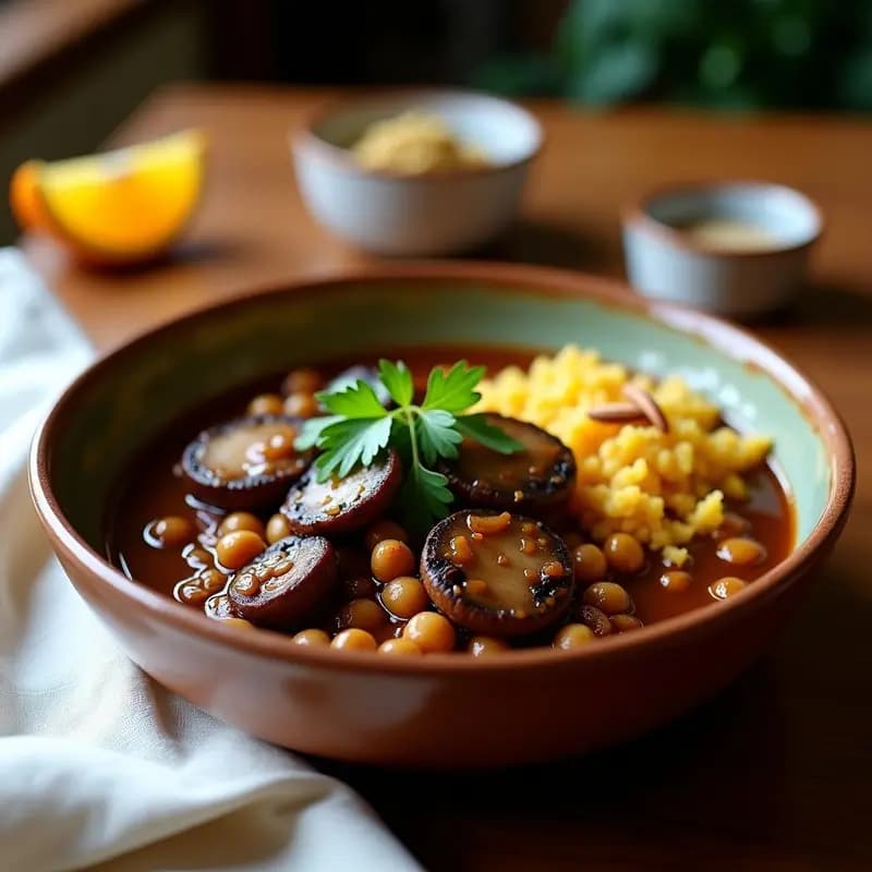 Plato hondo de barro con feijoada vegana de garbanzos y champiñones portobello en salsa espesa oscura, acompañada de farofa de mandioca dorada y crujiente, decorada con cebollino fresco y almendras tostadas. Receta brasileña vegana alta en proteína.