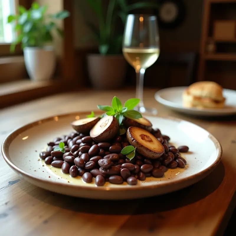 Olla de barro humeante con feijoada brasileña vegana de hongos portobello y leche de coco, servida con arroz integral, farofa de almendras y cilantro fresco.