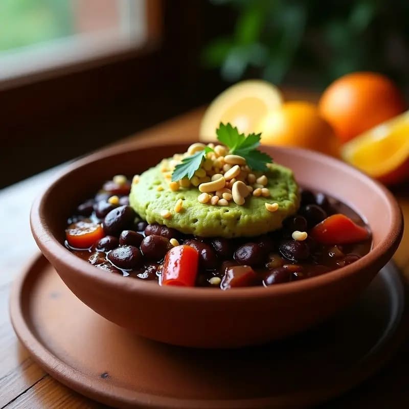 Plato hondo de barro con feijoada indigena vegana, alubias negras estofadas con especias, cubierta con una mezcla esponjosa de harina de plátano macho, anacardos tostados y cilantro fresco. Acompañada de rodajas de naranja y servida sobre una mesa de madera rústica.
