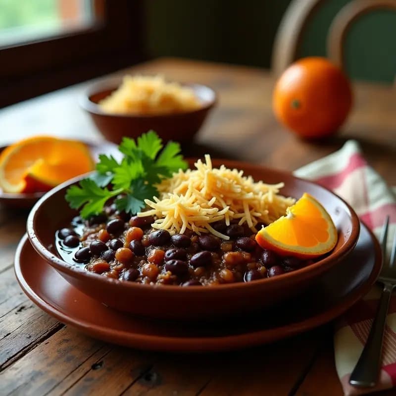 Plato hondo de barro con feijoada brasileira vegana, frijoles negros espesos con trozos de jackfruit desmenuzado, cubierta con farofa de cassava dorada y crujiente, decorada con cilantro fresco. Receta sin gluten y alta en proteína.