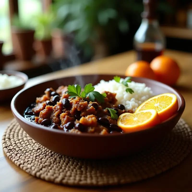 Plato hondo de barro con Feijoada de Jackfruit y Frijoles Negros vegana, servida con arroz blanco, farofa de mandioca y rodajas de naranja. El guiso tiene un color oscuro y textura espesa, con trozos de jackfruit desmenuzado y frijoles negros enteros. Decorado con cilantro fresco picado.