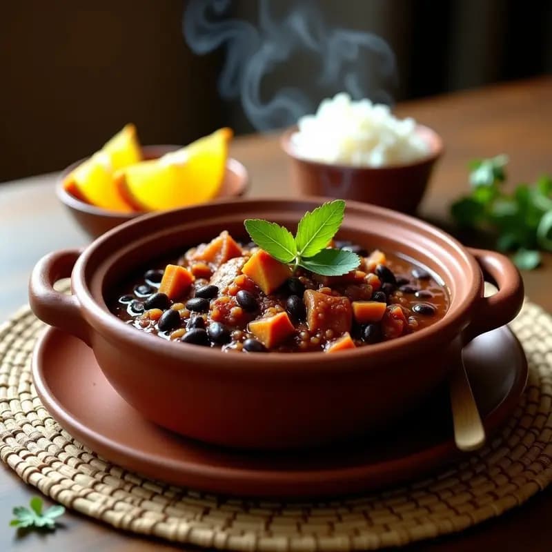 Olla de barro humeante con feijoada de jackfruit y tocino vegano, estofado brasileño plant-based oscuro y espeso, decorado con cilantro fresco y rodajas de naranja al lado. Plato rústico con arroz blanco y farofa en segundo plano.
