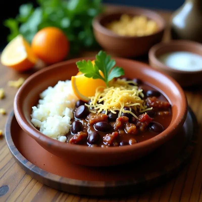 Plato hondo de barro con feijoada brasileña vegana: guiso oscuro de frijoles negros y jackfruit desmenuzado, acompañado de farofa crujiente dorada de harina de yuca, gajos de naranja y cebollino fresco. Estilo rústico carioca con fondo de madera oscura.