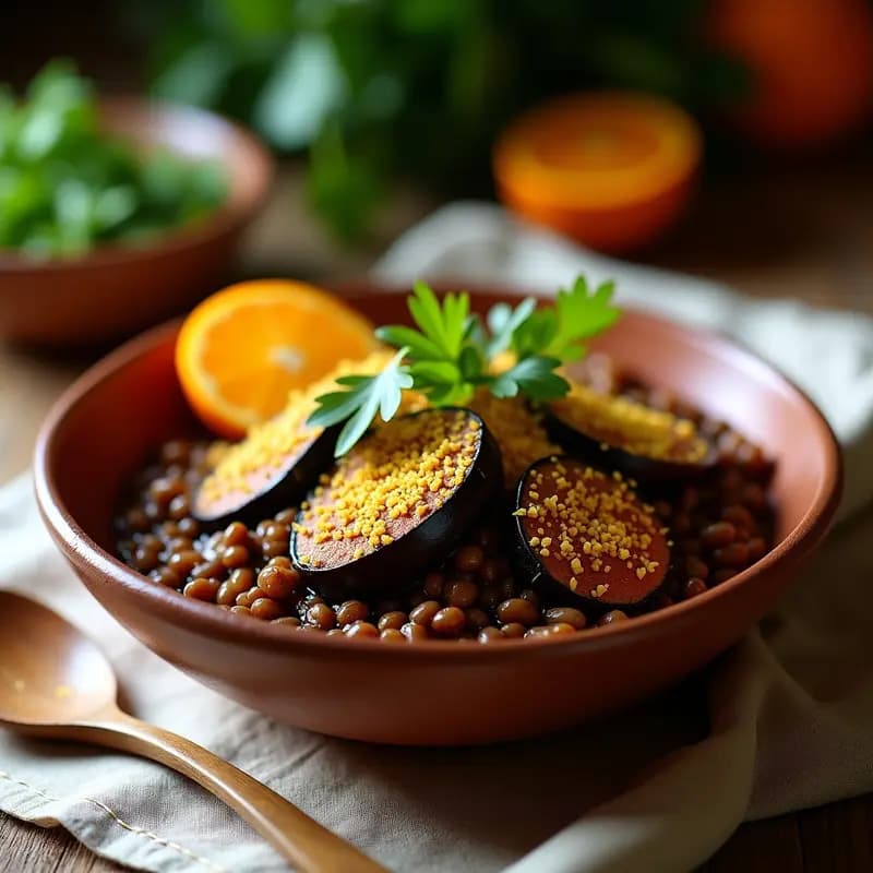 Plato hondo de barro con Feijoada Brasileira vegana: lentejas pardiñas estofadas con rodajas de berenjena ahumada, servidas con farofa de mandioca dorada, rodajas de naranja y cilantro fresco. Fondo rústico con mantel de lino.