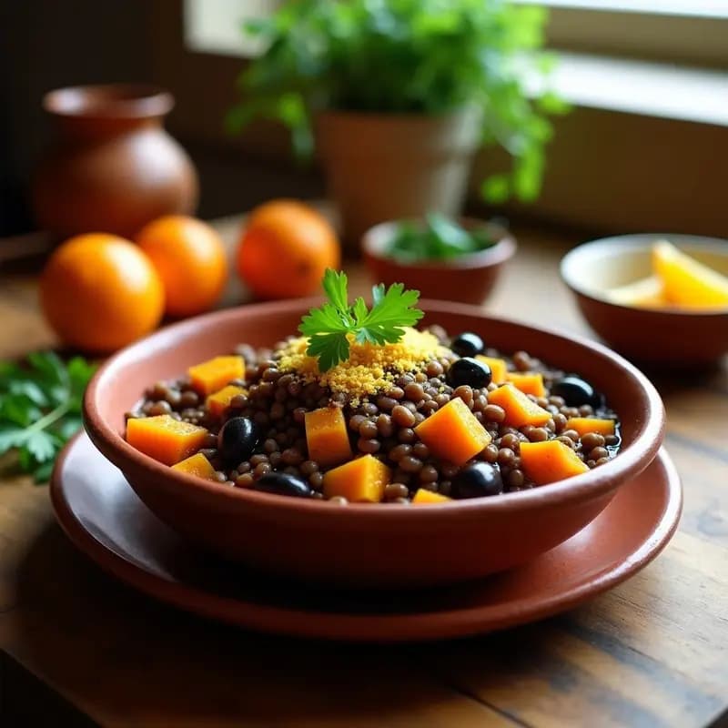 Plato hondo de barro con Feijoada de Lentejas y Calabaza vegana, cubos de calabaza butternut, lentejas pardinas, tofu ahumado dorado y farofa de harina de yuca espolvoreada. Acompañado de cilantro fresco y rodajas de naranja en un fondo rústico de madera.