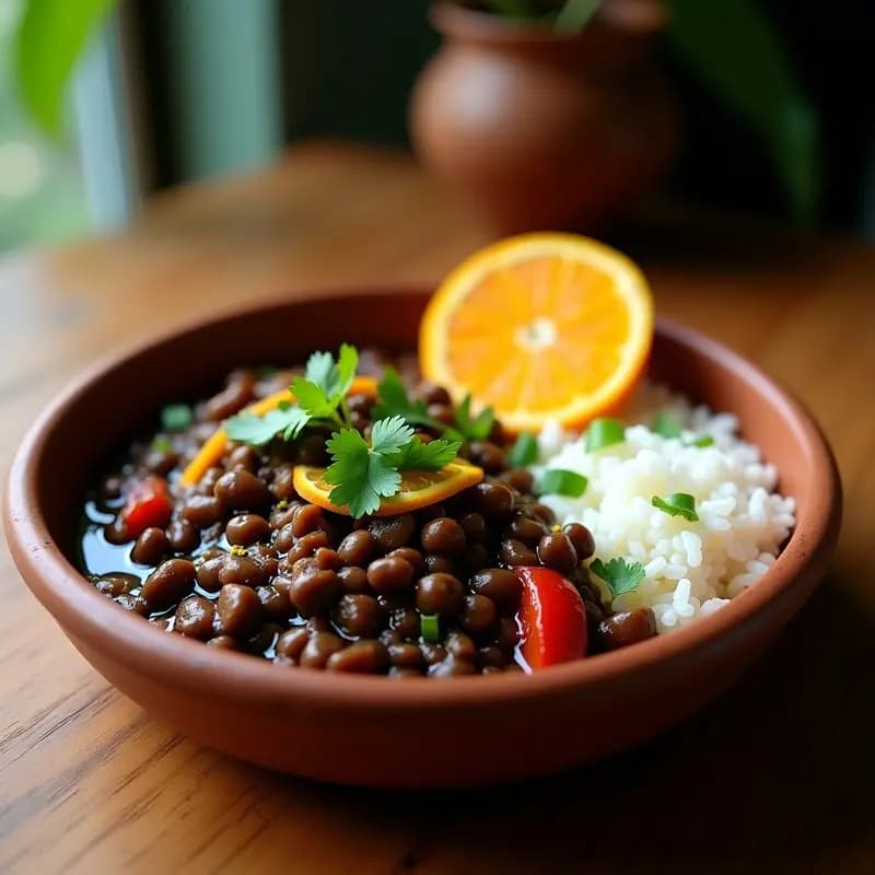 Plato hondo de barro con feijoada de lentejas negras vegana, espesa y brillante, con trozos de naranja confitada y cilantro fresco. Acompañada de arroz blanco y rodajas de naranja fresca sobre una mesa de madera rústica.