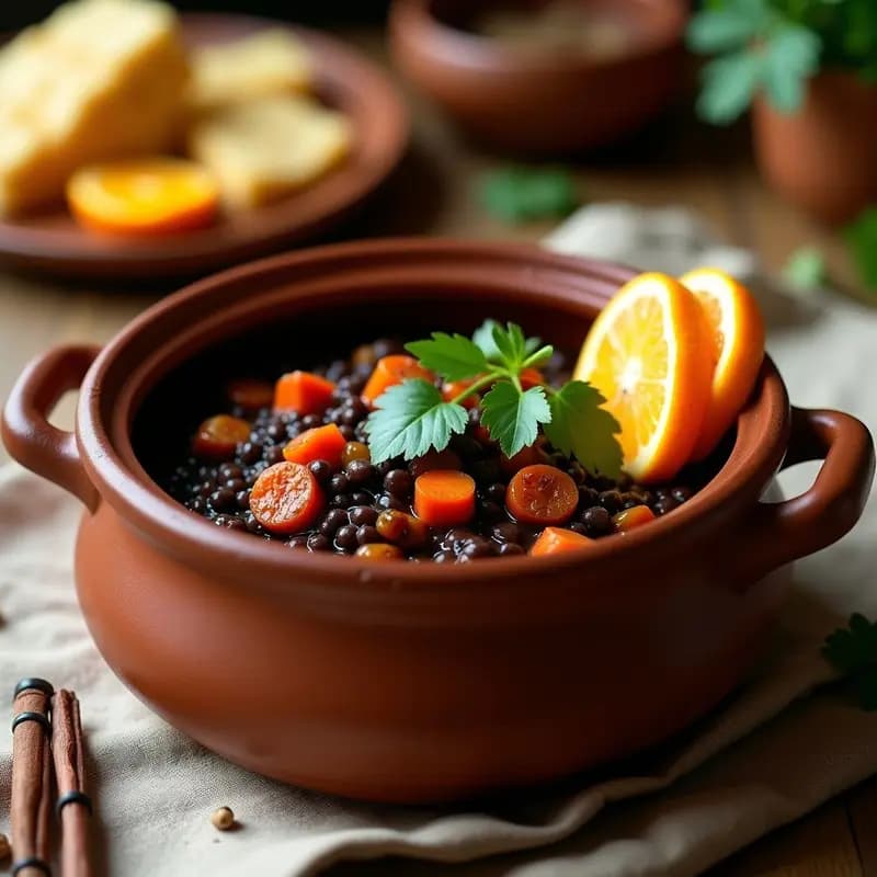 Plato profundo de barro con Feijoada de Lentejas Negras vegana, espolvoreada con cilantro fresco. Las lentejas oscuras brillan con un estofado espeso, acompañadas de trozos dorados de tofu ahumado y rodajas de naranja al lado. Fondo rústico con una cuchara de madera y una textura humeante.