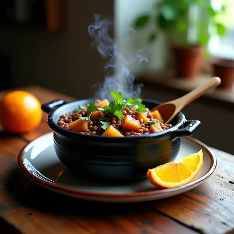 Feijoada brasilera vegana en cuenco hondo de barro, con lentejas pardinas, cubos de tupinambo dorado, alga nori tostada y cilantro fresco. Acompañada de rodajas de naranja y fondo rústico de madera.