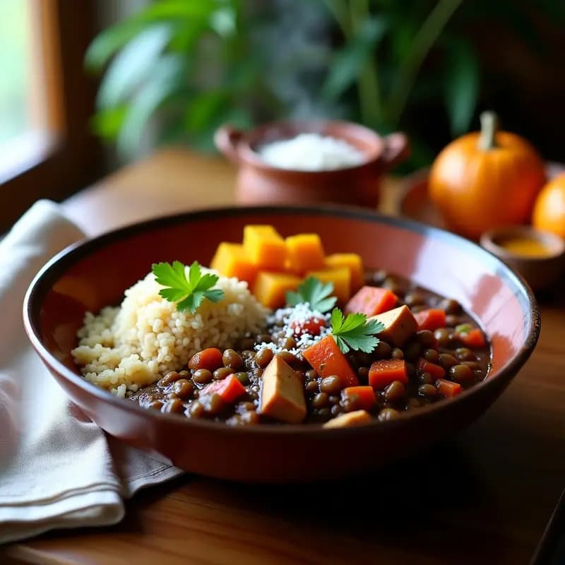 Olla de barro humeante con Feijoada Brasileña vegana de lentejas pardinas y verduras, servida con arroz blanco y cilantro fresco. Plato tradicional latinoamericano en versión vegana, alta en proteína y hierro.