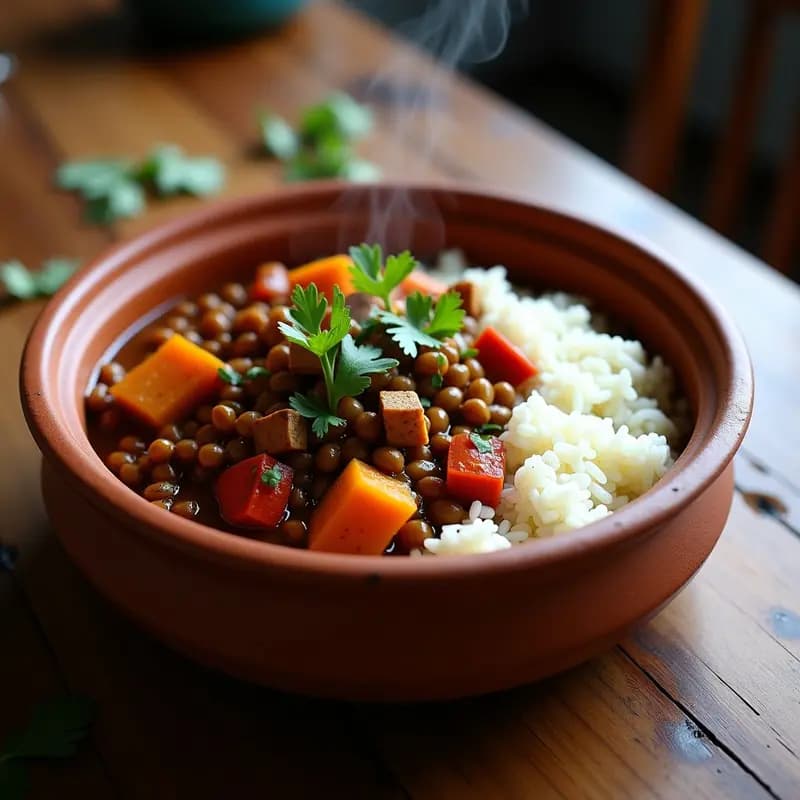 Plato hondo de barro con feijoada de lentejas pardinas y verduras vegana, acompañada de arroz blanco esponjoso. Destacan trozos de calabaza butternut, pimiento rojo asado y tofu ahumado, decorado con cilantro fresco. Fondo rústico con textura de madera.