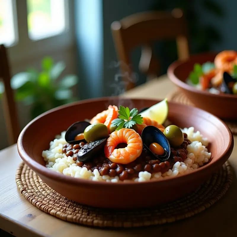 Plato hondo de barro con feijoada de mariscos brasileña: frijoles negros estofados con camarones, cangrejo y mejillones, servidos sobre arroz blanco esponjoso. Decorado con cilantro fresco y rodajas de limón, con un fondo rústico de madera y utensilios de cocina tradicional.