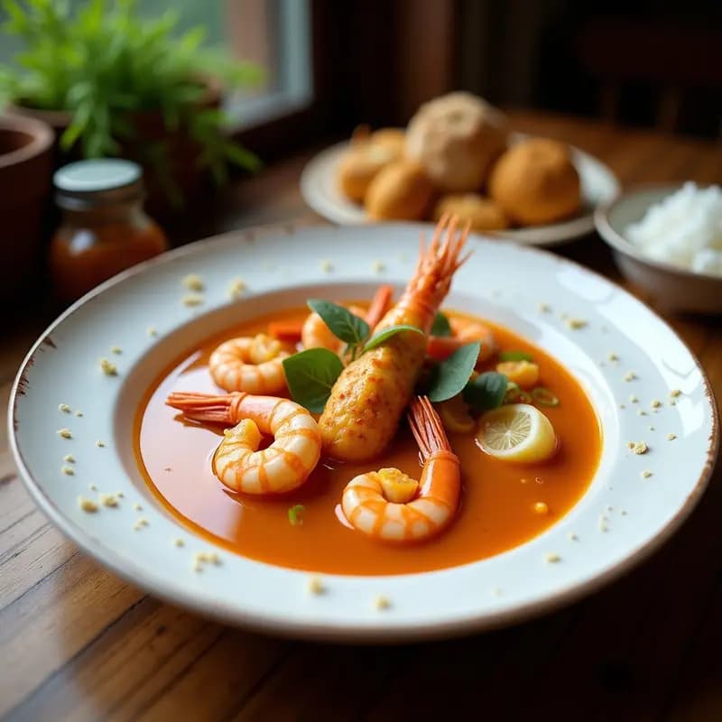 Olla de barro humeante con feijoada de mariscos brasileña: camarones rosados, calamares tiernos y mejillones negros en una salsa cremosa de leche de coco, decorada con cilantro fresco y acompañada de arroz blanco y gajos de limón.