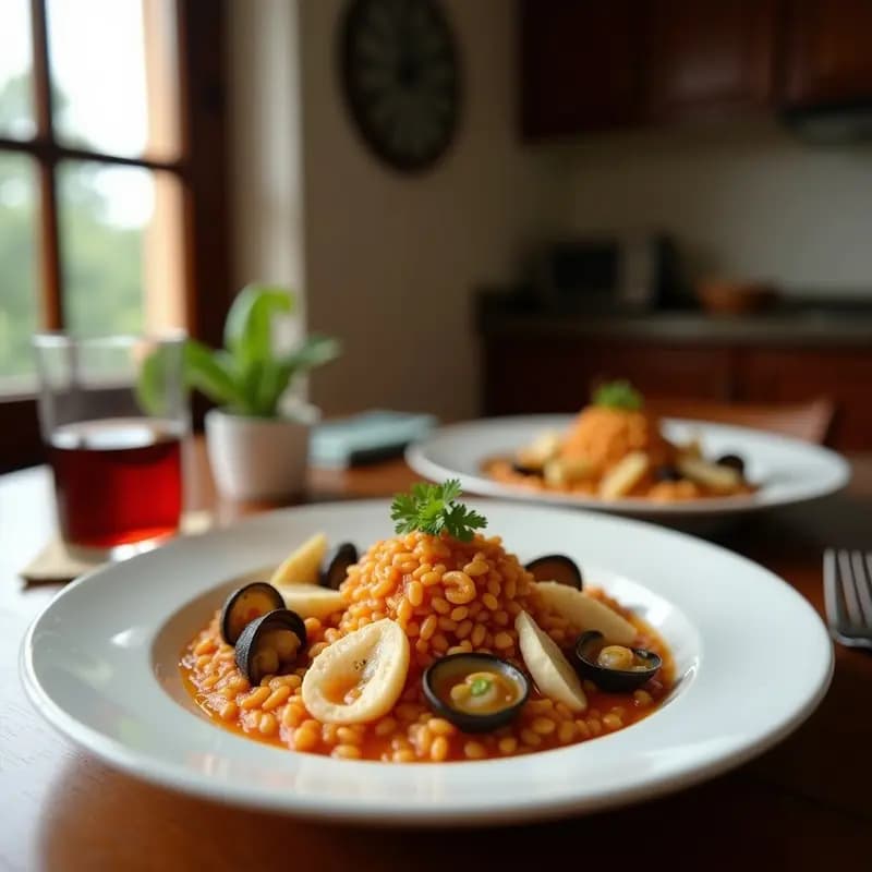 Olla de barro humeante con feijada de mariscos, frijoles negros cremosos, camarones rosados y mejillones abiertos, decorados con cilantro fresco y rodajas de limón sobre una mesa rústica de madera.