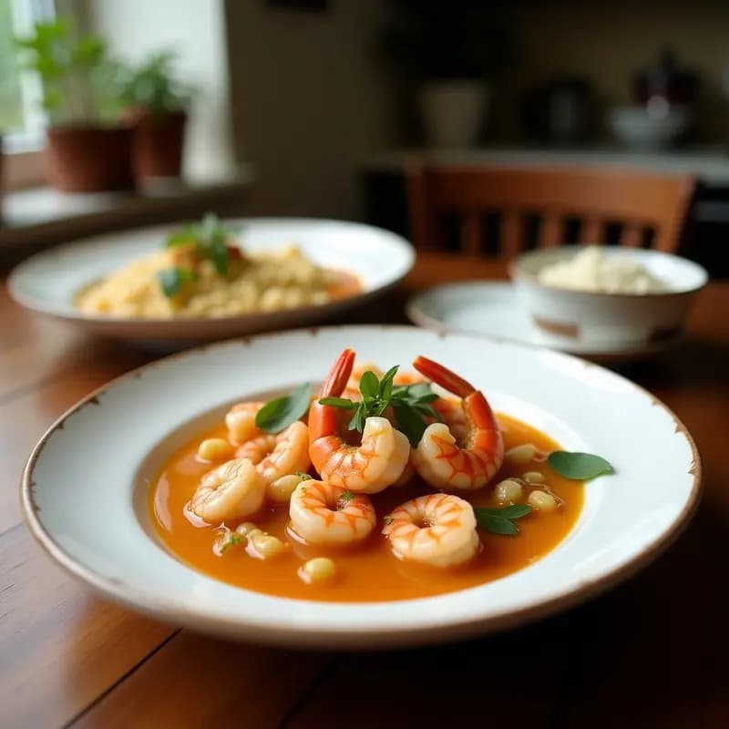 Olla lenta con feijoada de mariscos brasileña, langostinos rosados, mejillones y calamares en un caldo cremoso de coco, decorado con cilantro fresco y rodajas de limón.