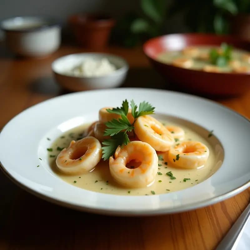 Olla negra de barro con Feijoada de Mariscos con Leche de Coco y Lima, mostrando frijoles negros, calamar, gambas y mejillones en una salsa cremosa dorada, decorada con cilantro fresco y rodajas de lima sobre un mantel rústico de yute.