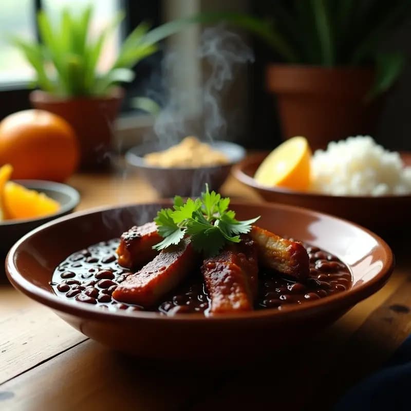Plato hondo de barro con feijoada negra brillante, trozos de costilla ahumada dorada y cilantro fresco espolvoreado, acompañado de arroz blanco y rodajas de naranja. Receta de feijoada negra con costilla ahumada en olla exprés.