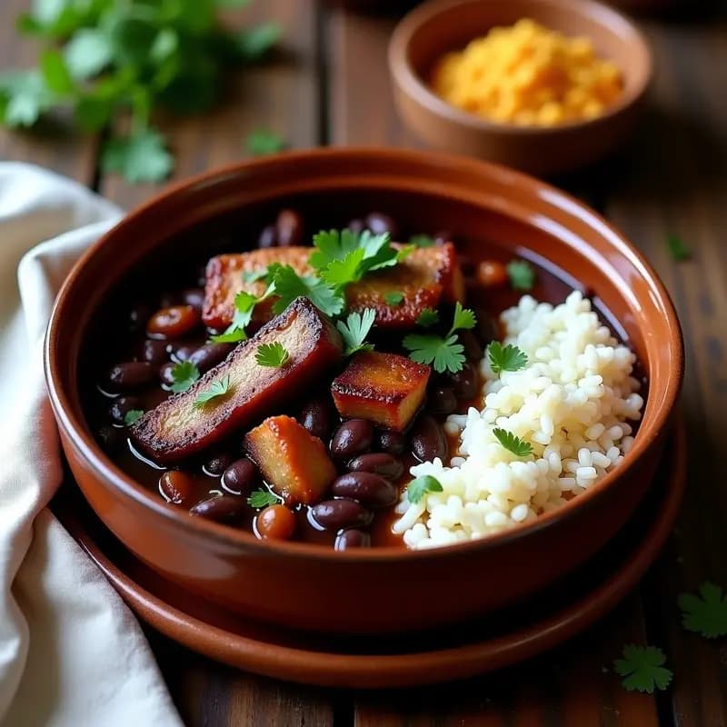 Plato hondo de barro con Feijoada Brasilera vegana: porotos negros cremosos, costillas de seitán doradas y trozos de pimiento rojo, decorado con hojas de laurel y rodajas de naranja. Acompañado de arroz blanco y farofa espolvoreada.