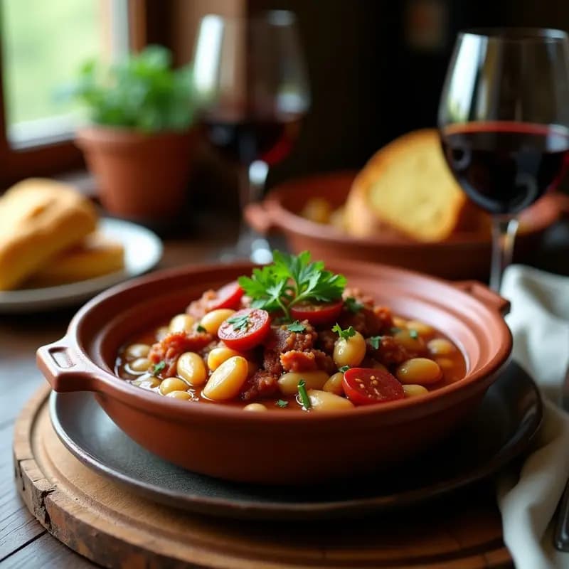 Olla lenta con feijoada portuguesa humeante, alubias blancas cremosas, rodajas de chorizo ibérico y verduras, servida en un cuenco de barro con perejil fresco.