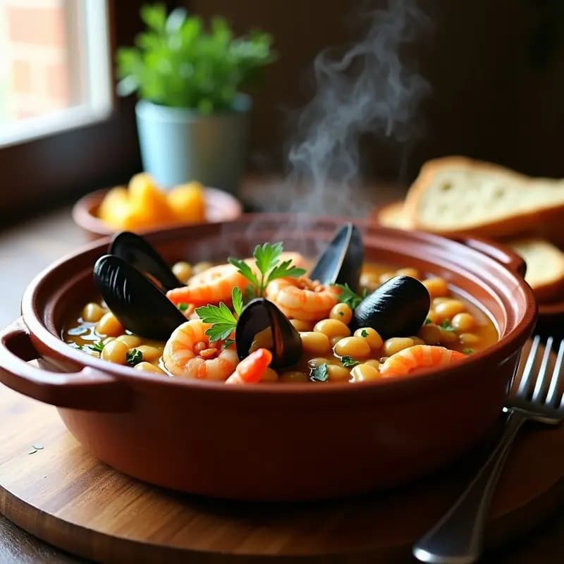 Cazuela de barro humeante con feijoada portuguesa de mariscos: alubias blancas cremosas, mejillones abiertos y gambas rosadas en un caldo dorado aromatizado con perejil fresco.