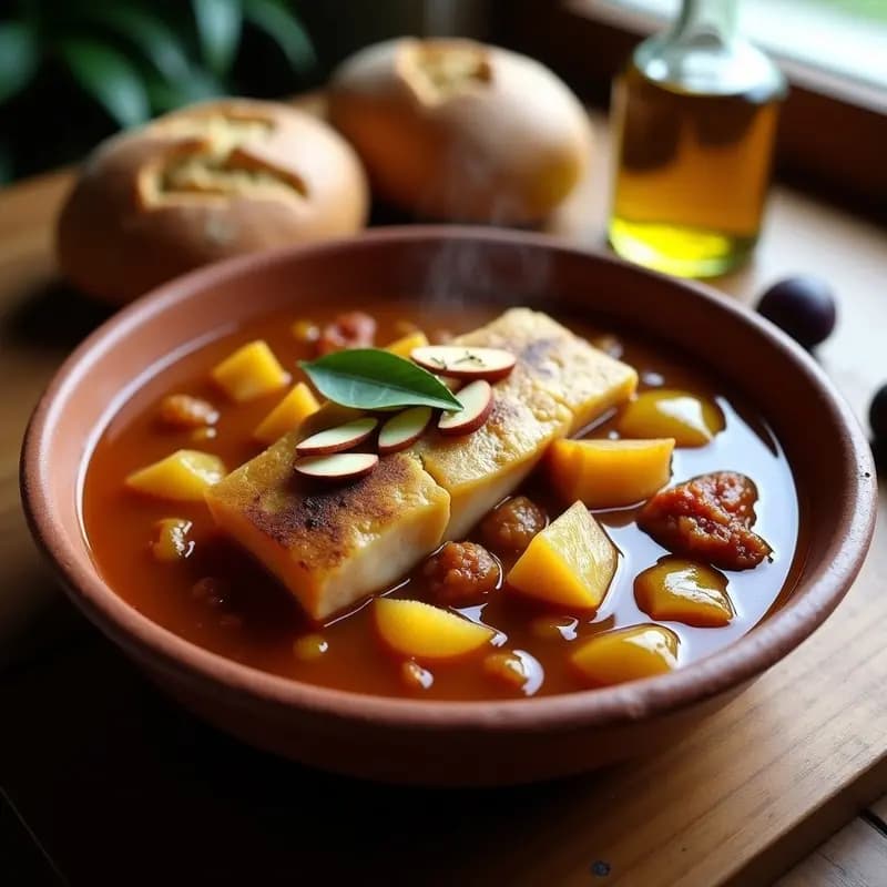 Olla de barro con feijoada de rombo y caldillo de frutas, estofado portugués tradicional con filetes de rombo enteros, frijoles blancos cremosos y salsa espesa de higos y albaricoques, decorado con perejil fresco.