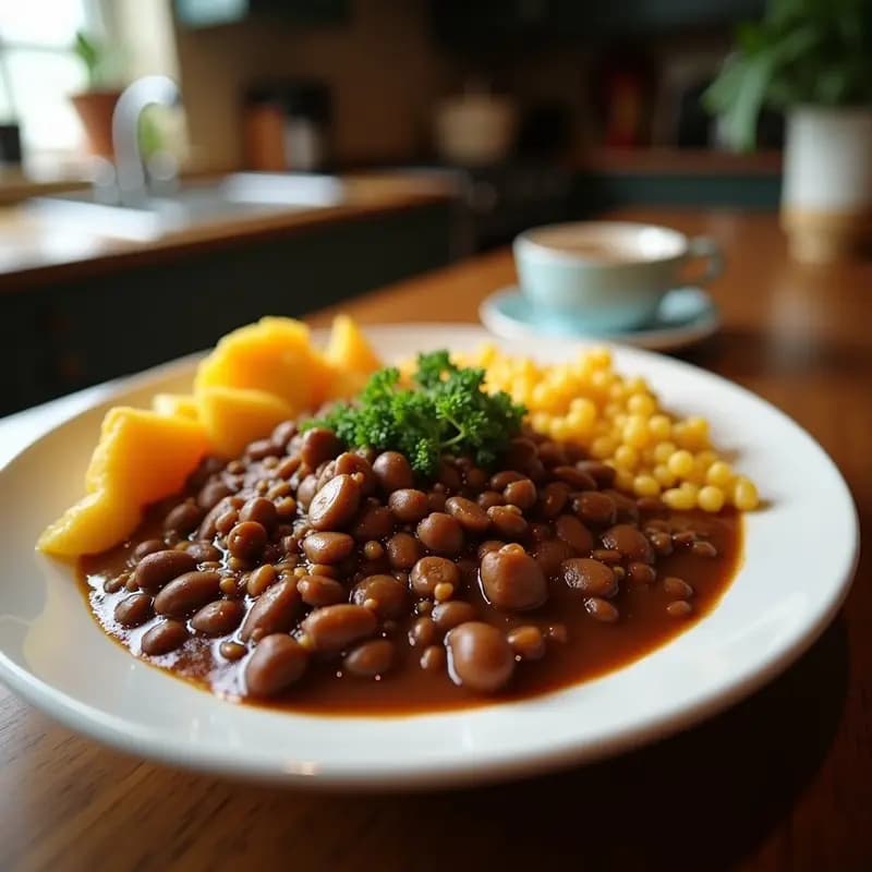 Olla de barro humeante con feijoada brasileña vegana de frijoles negros y since vegetal, acompañada de arroz blanco y rodajas de naranja. Plato tradicional reconfortante y alto en proteína.