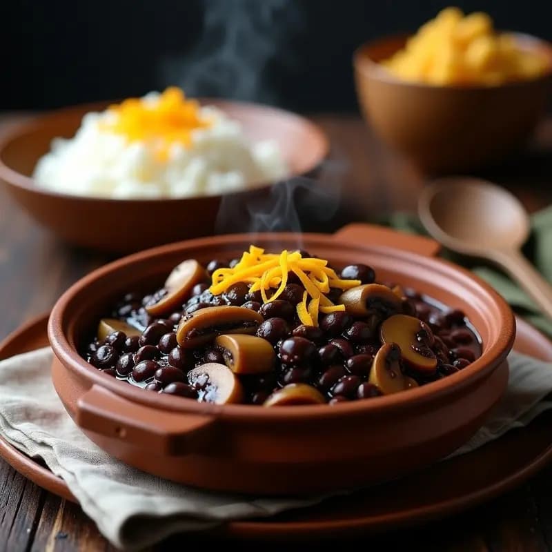 Olla de barro con feijoada brasilera vegana: estofado negro espeso con alubias negras, champiñones portobello y shiitake, decorado con perejil fresco. Acompañado de arroz blanco y farofa dorada en un plato rústico de madera.
