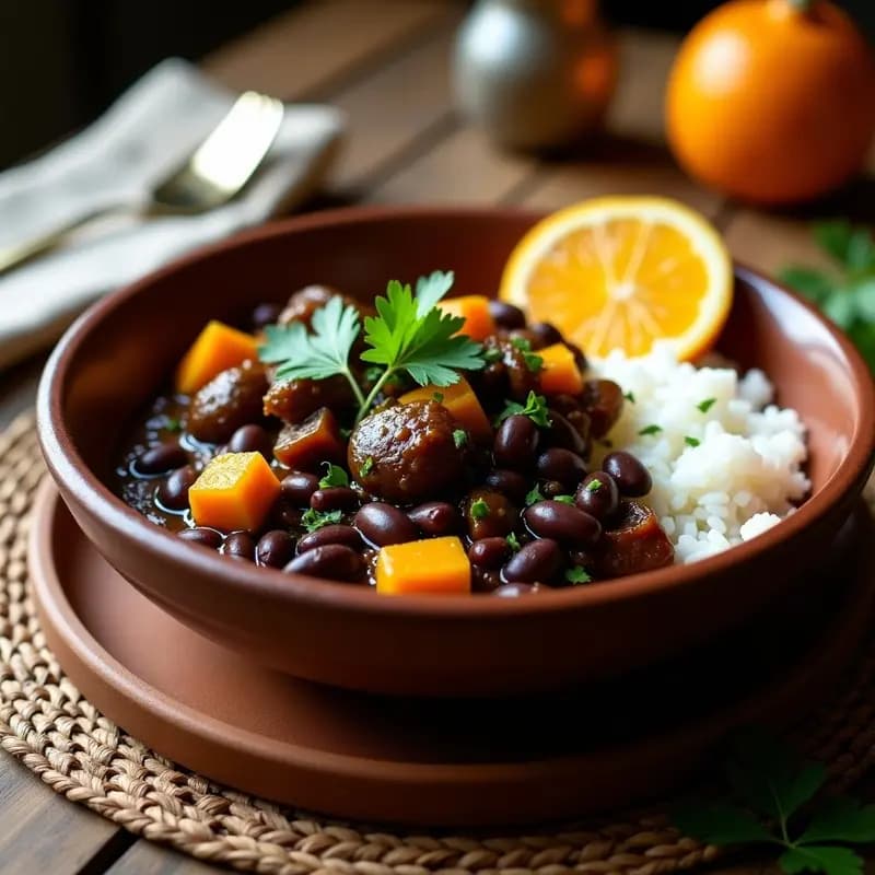 Plato hondo de barro con feijoada brasileña vegana: frijoles negros cremosos, trozos de calabaza, zanahoria y tofu dorado, decorado con algas nori y servido con arroz blanco al lado. Receta de olla exprés.