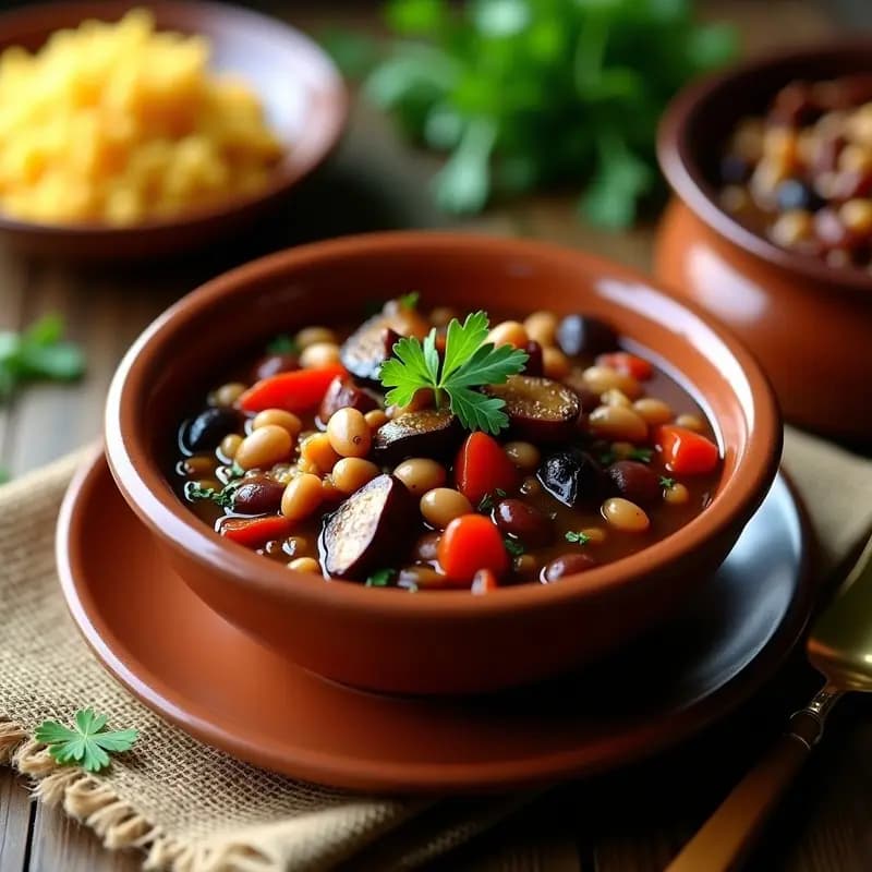 Plato hondo de barro con feijoada vegana de frijoles pintos, vegetales ahumados como berenjena y pimiento rojo, decorada con perejil fresco. Servida junto a arroz integral y farofa de yuca en un mantel rústico brasileño.