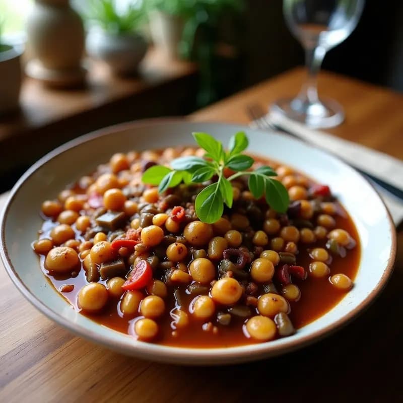Olla de barro con feijoada vegana de garbanzos y calabaza, estofado espeso con trozos de calabaza naranja y garbanzos, decorado con cilantro fresco y acompañado de arroz integral y gajos de naranja en un plato rústico de madera.