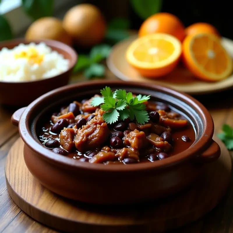 Plato hondo de barro con feijoada brasileña vegana: costillas de jackfruit desmenuzadas en salsa oscura de frijoles negros, espolvoreada con farofa dorada y cilantro fresco. Acompañada de arroz blanco y rodajas de naranja al fondo.