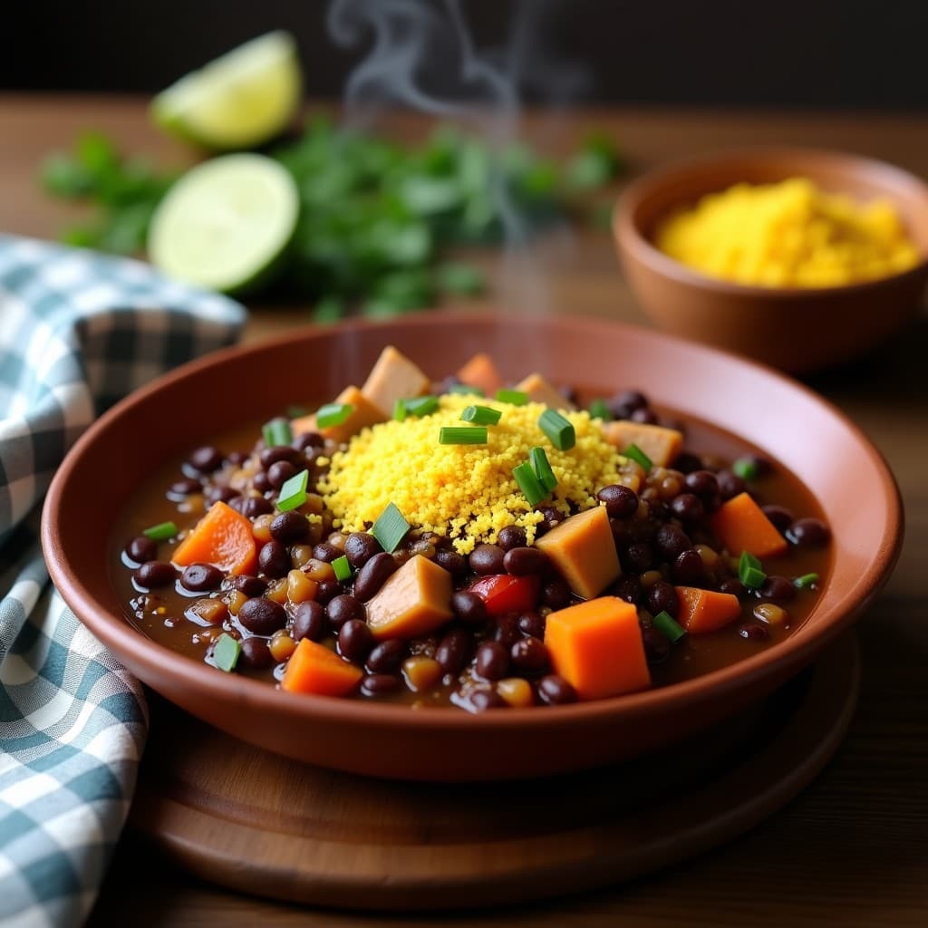 Plato hondo de barro repleto de feijoada vegana con jackfruit desmenuzado, frijoles negros y verduras, cubierto con farofa de mandioca dorada y cebollino fresco. Receta brasilería en olla lenta con textura espesa y aromática.