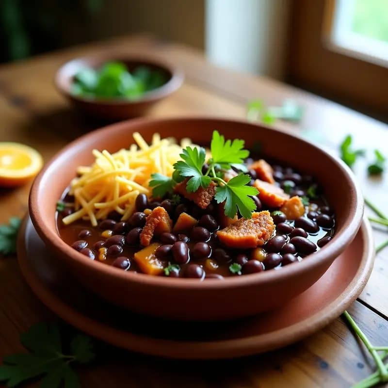 Plato hondo de barro con feijoada brasileña vegana: estofado espeso de frijoles negros y jackfruit desmenuzado, cubierto con farofa crujiente de harina de yuca y coco rallado. Decorado con cilantro fresco y acompañado de rodajas de naranja.