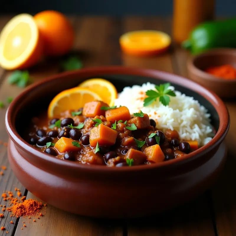 Feijoada vegana con jackfruit y naranjas en cuenco hondo de barro, acompañada de arroz blanco y gajos de naranja amarga asados. Estofado oscuro con frijoles negros y trozos de jackfruit desmenuzado, decorado con hojas de laurel.