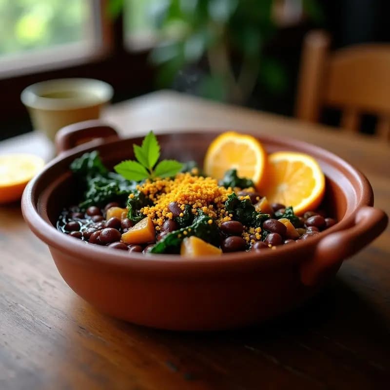 Plato hondo de barro con feijoada vegana brasileña: frijoles negros espesos, trozos de jackfruit desmenuzado y col rizada verde oscura, decorado con farofa dorada y gajos de naranja. Receta olla express.
