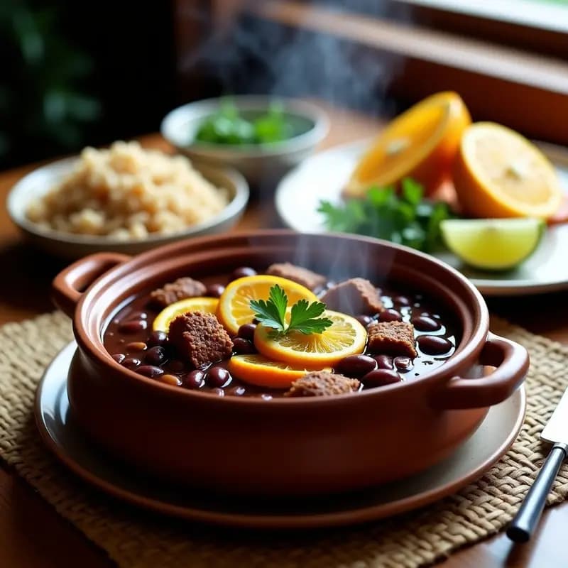 Olla de barro humeante con feijoada brasileña vegana, estofado oscuro de judías negras, trozos de seitan dorado y gajos de naranja. Acompañado de arroz integral y cilantro fresco, sobre una mesa rústica de madera.