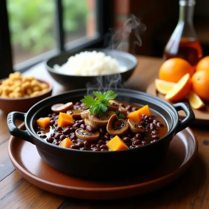 Plato hondo de barro negro con Feijoada Brasileña Vegana con Champiñones Portobello, estofado espeso de frijoles negros y trozos de champiñones Portobello, servido con arroz blanco y farofa, decorado con perejil fresco.